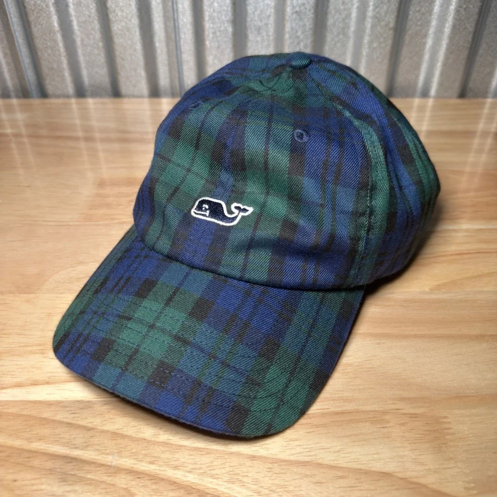 Vineyard Vines Baseball Hat Men OS Blue Green Blackwatch Plaid Whale Logo Cap